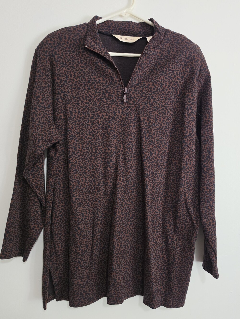 Bechamel Women’s Large Brown Black Leopard Print 1/4 Zip Long Sleeve Vintage Top